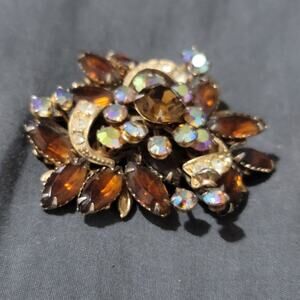 Vtg Aurora Borealis Amber Rhinestone  Brooch Pin